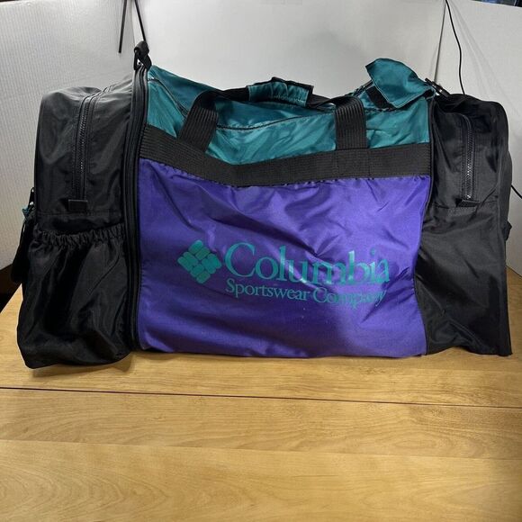 VTG 90s Columbia Duffel Bag Gym Bag Purple Teal Black 30"x16"x15"Noshoulderstrap - Picture 1 of 12